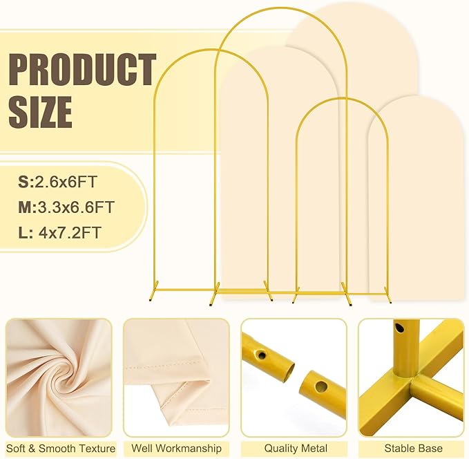 MODFUNS Arch Backdrop Stand and Cover Set of 3 Gold Wedding Arch Stand 6&6.6&7.2ft Beige Arches Cover Chiara Backdrop Stand for Party Birthday Banquet Wedding Arched Frame