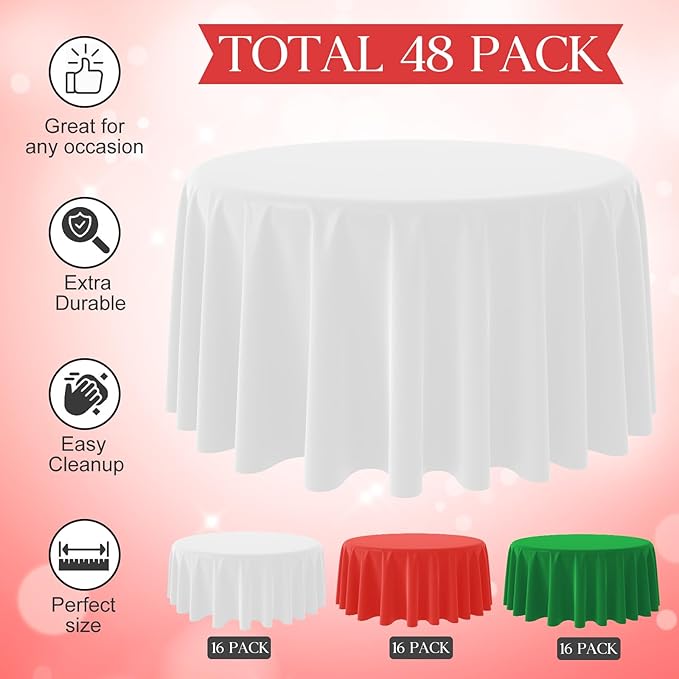 48 Pack Christmas Round Disposable Tablecloth, Red White Green Circle Plastic Tablecloth Bulk, Italy Theme Table Covers for Christmas Family Gathering Dining Banquet Italian Party Decoration,84inch