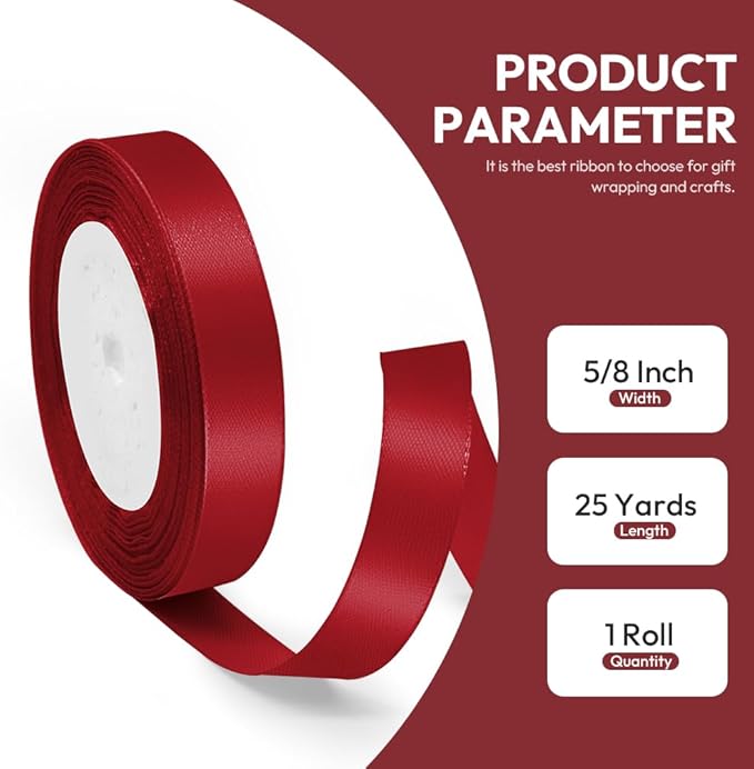5/8" x 25 Yards Satin Ribbon, Scarlet Silk Ribbon Ideal for Gift Wrapping, Floral Bouquets, Crafts, Wedding Party Decorations, Christmas and Sewing Projects