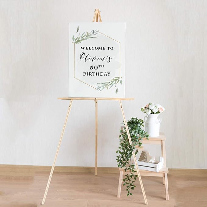 Andaz Press Personalized Extra Large Birthday Easel Board Party Sign, 12x18-inch, Modern Black, Gold with Green Leaves Florals, Welcome to Olivia's 50th Birthday, 1-Pack, Custom Name Age