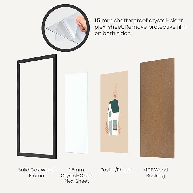Opposite Wall - 20x24 in - Black Solid Oak Wood Picture Frame - Lightweight, Versatile & Shatterproof - Wall Hanging Poster or Photo Frame - Wall Decor for Office, Gallery & Home