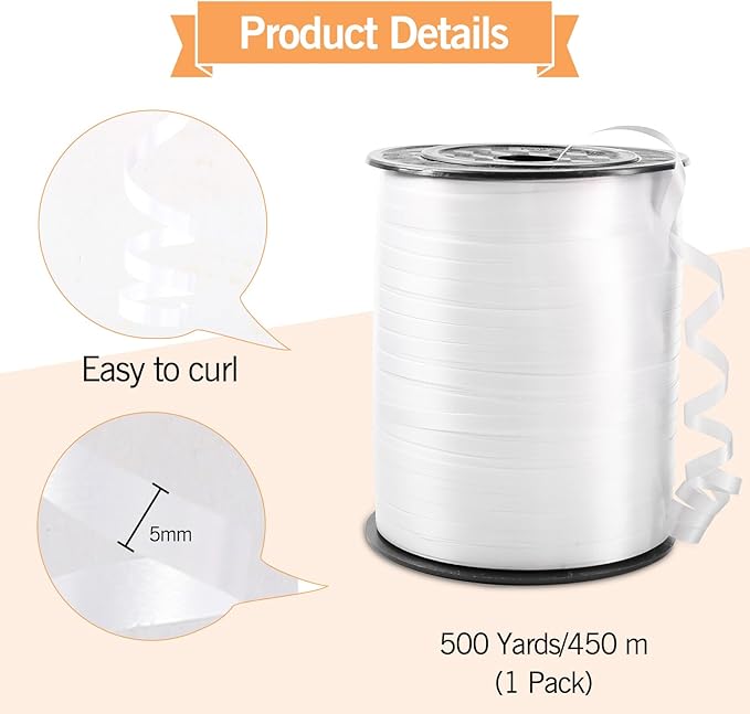 White Curling Ribbon, 500 Yard Christmas Curling Ribbons for Gift Wrapping, Balloon String for Balloons Curly Ribbon, Gift Bow Ribbons for Baby Shower, Florist Flower Party Decorations