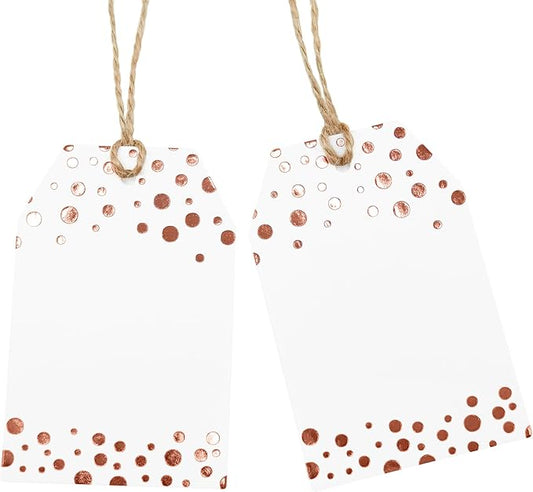 100Pcs Rose Gold Gift Tags with String Attached, ASYEHJNR Foil Rose Gold Dot Large Gift Bag Tags Presents with 65 FT Jute Twine, White Paper Gift Tags for Baby Shower, Wedding, Birthday Gift Wrap Tags