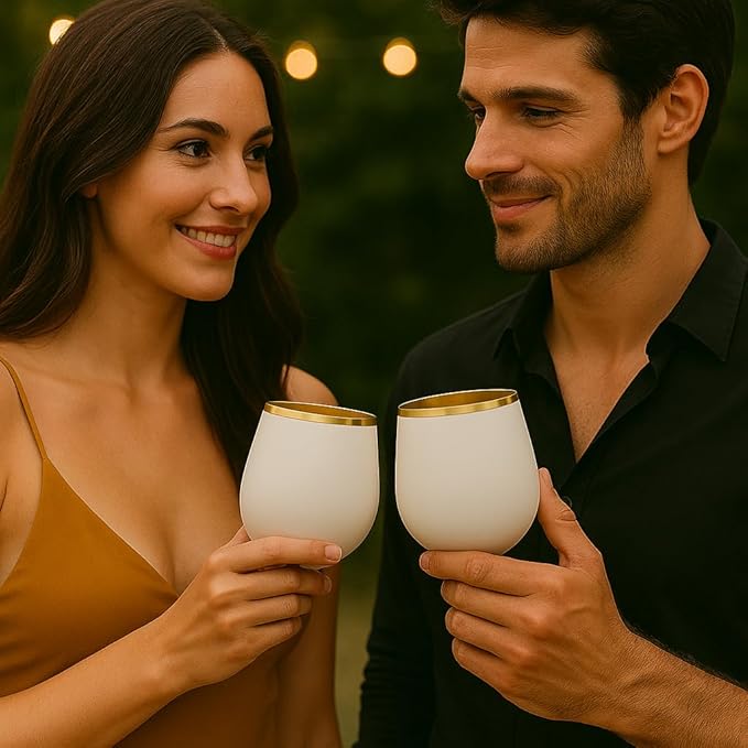 40 count Unbreakable Stemless Plastic Wine Champagne Whiskey Glasses Elegant Durable Disposable Indoor Outdoor Ideal for Home, Office, Bars, Wedding, 12 Ounce Cups Gold Rim (White Matte Gold)