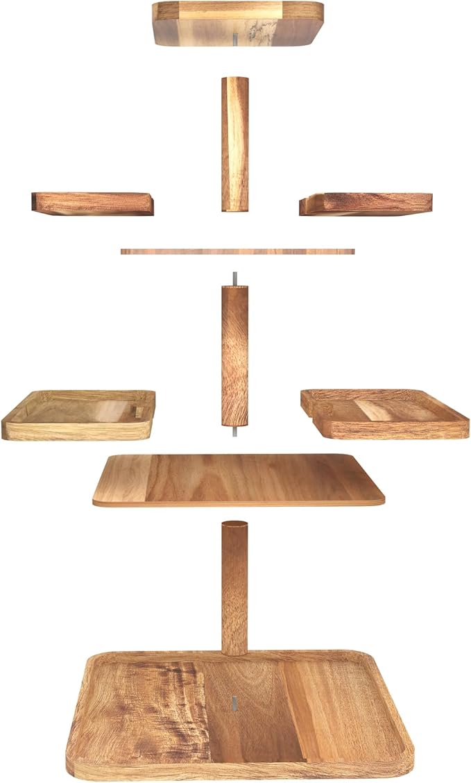 Acacia Wood 4 Tier Cupcake Stand with 4 Removable Snack Tray, Rustic Square Cup Cake Tower Stand for 50 Cupcakes, Display Cakestand for Wedding, Birthday, Serving Tea Party, Natural