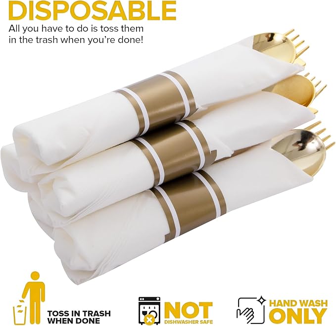 400PCS Pre Rolled Gold Plastic Silverware Sets - Heavy Duty Gold Cutlery - Include 100 Pack Wrapped Disposable Utensils with Napkins for Parties, Dinners & Weddings
