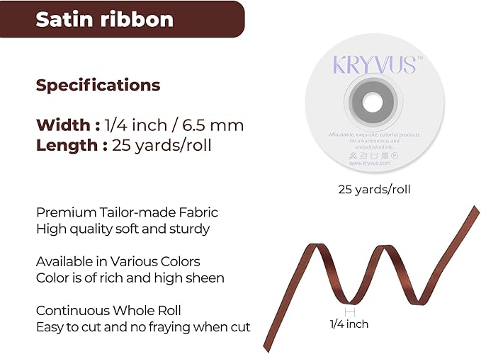 Coffee Brown Satin Ribbon 1/4 inch X Continuous 25 Yards, Single Face Polyester Ribbon Perfect for Gift Wrapping, Flower Bouquet, Wedding Decor, Crafts, Bow Making, Sewing and More