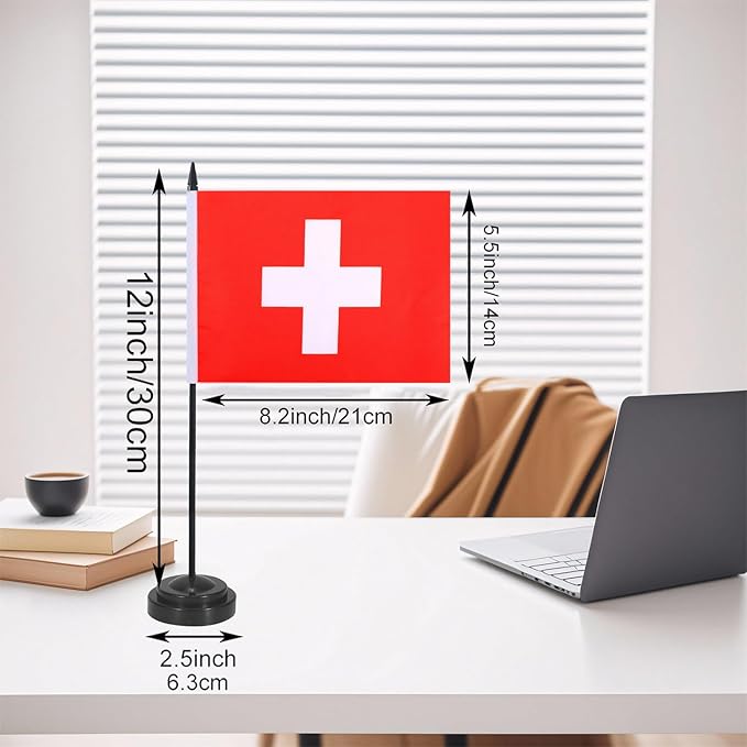 Switzerland Desk Flag 12" Solid Pole Deluxe Set Swiss Flags Banner Mini Small Switzerland Office Table Flags with Black Stand Base Desktop Decorations(2Pack)