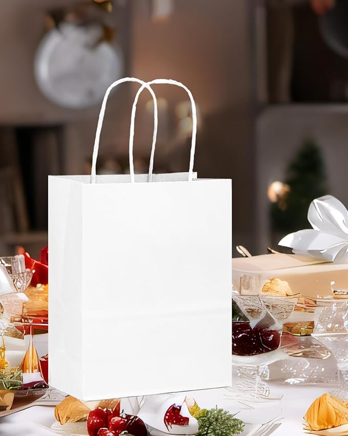 qiqee 50-Packs White Paper Gift Bags with Handles Bulk 13"x10.3"x4.6" Large Size Party Favor Bags Multiple Uses