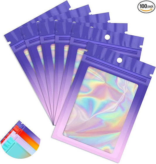 Funfery 100 Pack Holographic Bags,Mylar Resealable Bags with Zipper,Clear Window Packaging Pouch,Foil Bag for Food Storage,Sample Jewelry Baggies(3.1×5.1in,Purple Pink)
