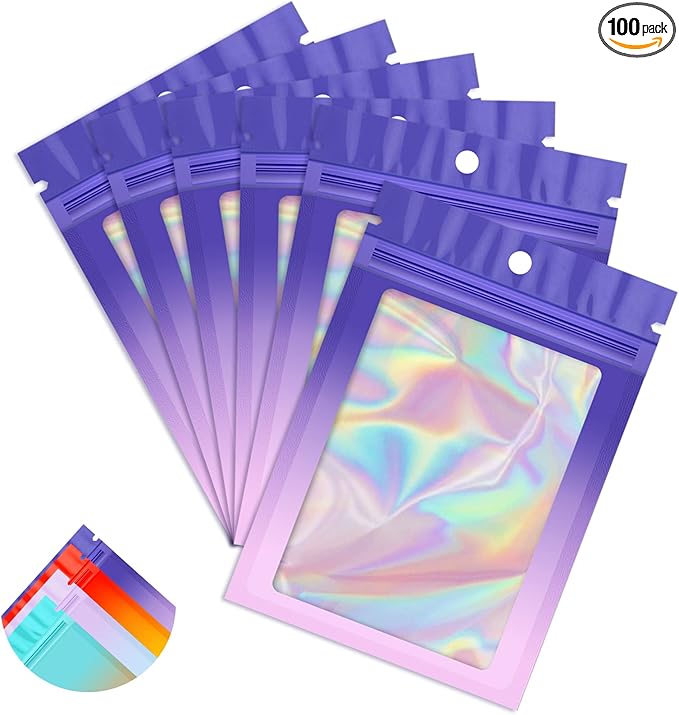 Funfery 100 Pack Gradient Holographic Bags,Mylar Resealable Bag with Zipper,Clear Window Packaging Pouch,Smell Proof Foil Bags for Food Storage,Sample Jewelry Baggies(2.7×3.9in,Purple Pink)