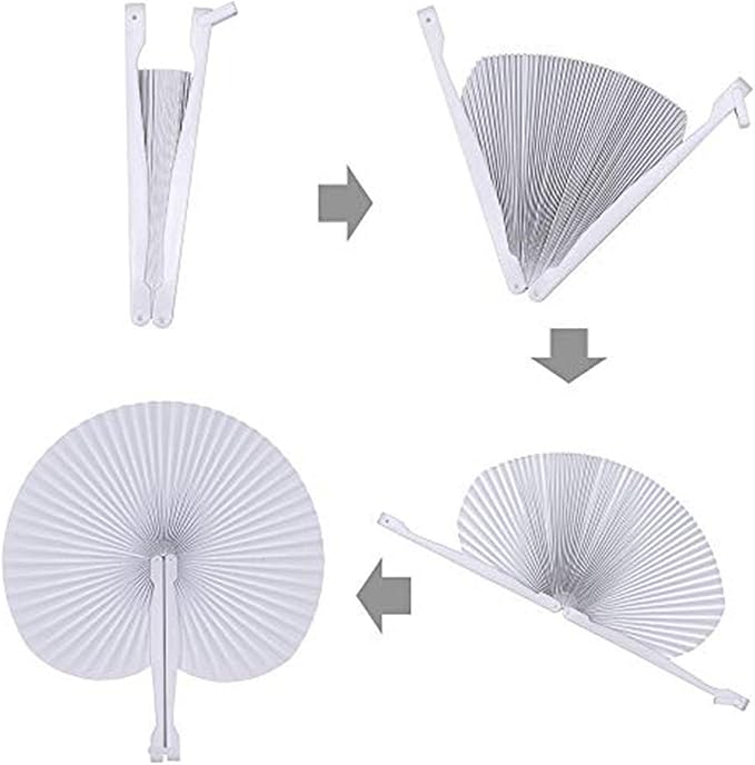 12 Pcs White Round Paper Folding Fans,Decorative Wedding Foldable Hand Handheld Fans Chinese and Japanese Fan Bulk for Bridal Guest Church Party Favors Dancing Birthday DIY