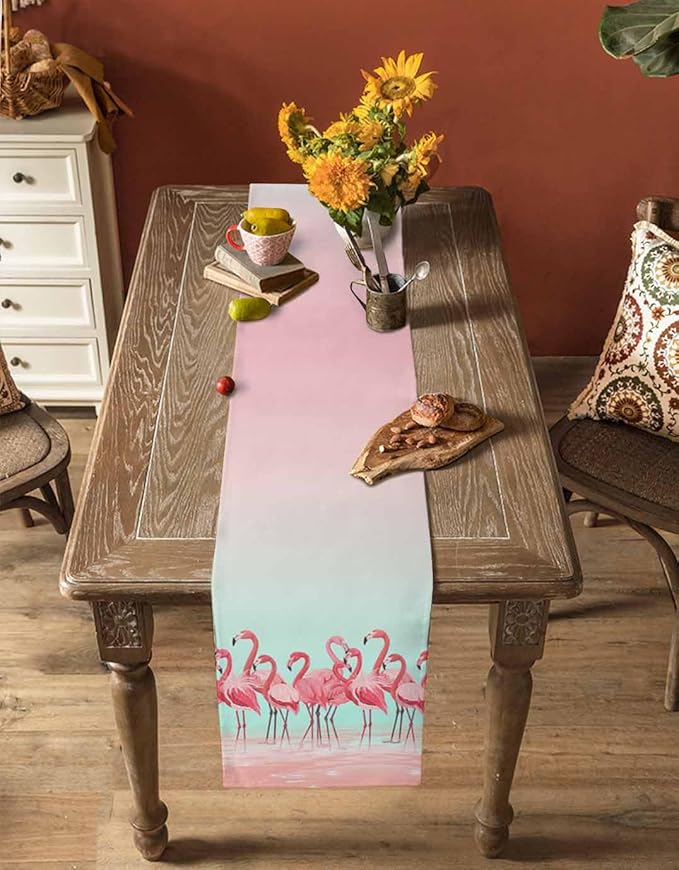Tropical Flamingo Cotton Linen Table Runner for Dining Kitchen, Wedding Outdoor Party Tablerunners Decoration, Pink Bird Coastal Nautical Animal Dresser Scarf Coffee Tablecloth Runners 13x60 Inches
