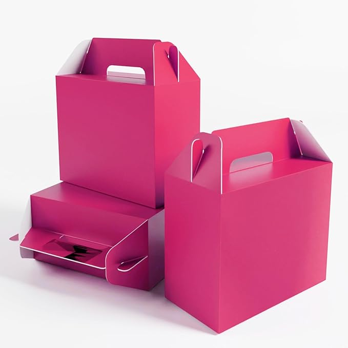 XAGLVV 24Pack Hot Pink Party Favor Treat Box Packs, 7 * 3.5 * 6.6 Inch Goodie Box with Handles, Gable Gift Boxes for Valentine's Day,Birthdays