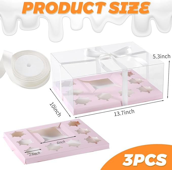 JCD 3 Pcs Pink Cake and Cupcake Combo Bento Boxes with Clear Lid Fit 8 Cupcake and 1 Mini Cake for Valentine Wedding Birthday Party Bakery Supplies(Pink 1+8/3Pcs)