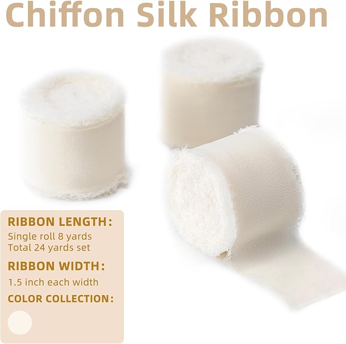Ivory Handmade Chiffon Ribbon,1.5Inch x 3 Rolls Total 24 Yards Ivory Fringe Chiffon Silk Ribbon,for Wrapping Wedding Invitations,Bridal Bouquets,DIY Crafts,Home Decor and More