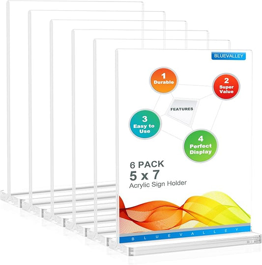 BlueValley Clear Acrylic Sign Holder 5x7 Vertical Double Sided Acrylic Photo Picture Frame for Office Desk, Table Sign Holder for Store, Rrestaurant, Hotel, Cafe, Show Fairs, Vendor-for Brochure Flyer Menu Document-6 pack