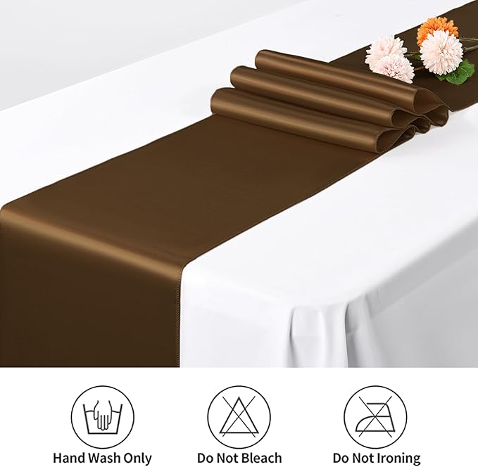 12 Pack Brown Satin Table Runner 12 x 108 inch Long Premium Smooth Table Runner for Wedding, Banquets, Birthday, Party, Graduation, Engagements,Table Runners fit Rectangle and Round Table