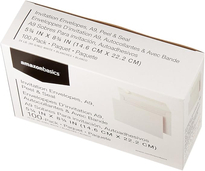 Amazon Basics A9 Blank Invitation Envelopes with Peel and Seal Closure, 5-3/4 x 8-3/4 Inches, White - Pack of 100