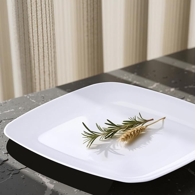 PULOTE 100PCS White Plastic Plates - White Square Disposable Include 50 Dinner 10 inch & 50 Dessert 7.25inch Plates, Ideal for Party & Wedding