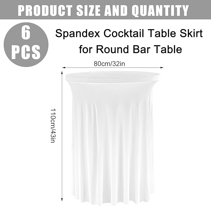 6 Pack Round Cocktail Tablecloth 32"x 43" Spandex Cocktail Table Skirt, Washable Stretch Fitted Table Covers for High Top Bar,Wedding,Party,Events (White)