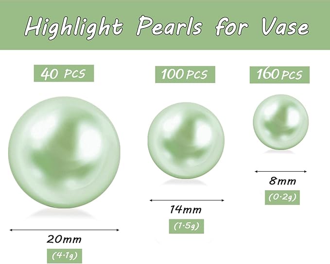 300Pcs Light Green Polished No Hole Faux Pearl Beads for Vase Filling Decorations, Plastic Pearls Vase Fillers, Table Scatters, Wedding Centerpiece, Home Decor, 8/14/20 mm
