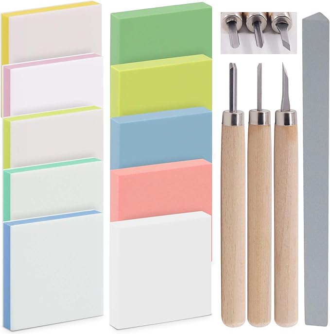 14Pcs Mixed Carve Printing Kit With Carving Knives and Whetstone, Rubber Stamp Blocks Set for Beginners or Professionals, Printmaking, Sculpting, Stamping
