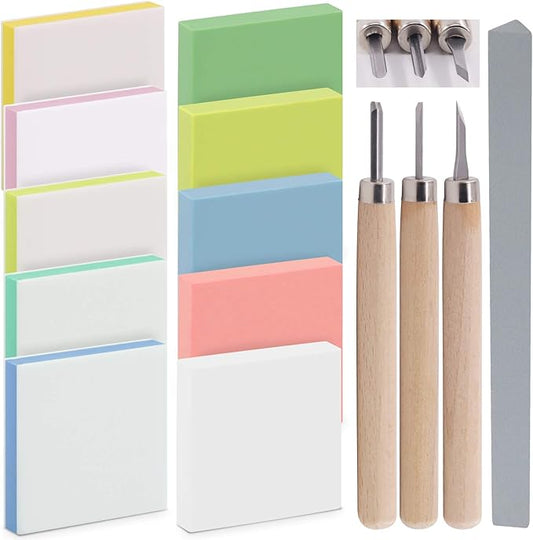 14Pcs Mixed Carve Printing Kit With Carving Knives and Whetstone, Rubber Stamp Blocks Set for Beginners or Professionals, Printmaking, Sculpting, Stamping