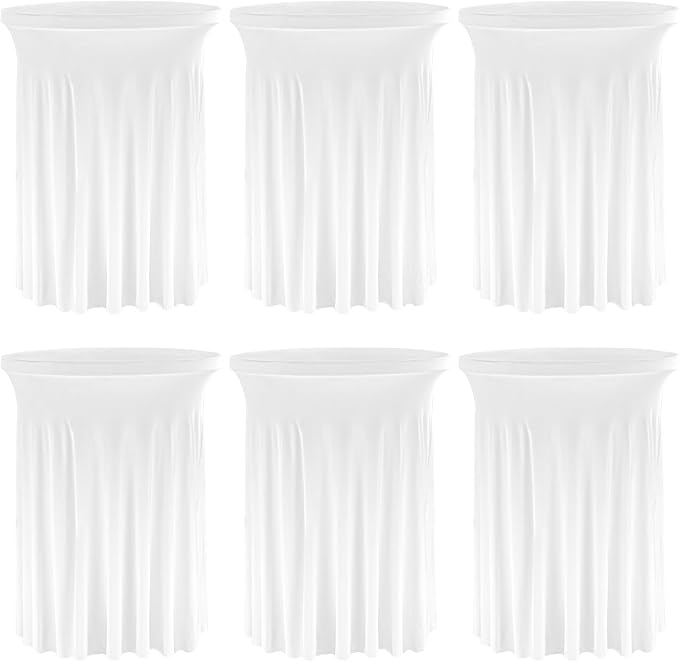 6 Pack Round Cocktail Tablecloth 32"x 43" Spandex Cocktail Table Skirt, Washable Stretch Fitted Table Covers for High Top Bar,Wedding,Party,Events (White)