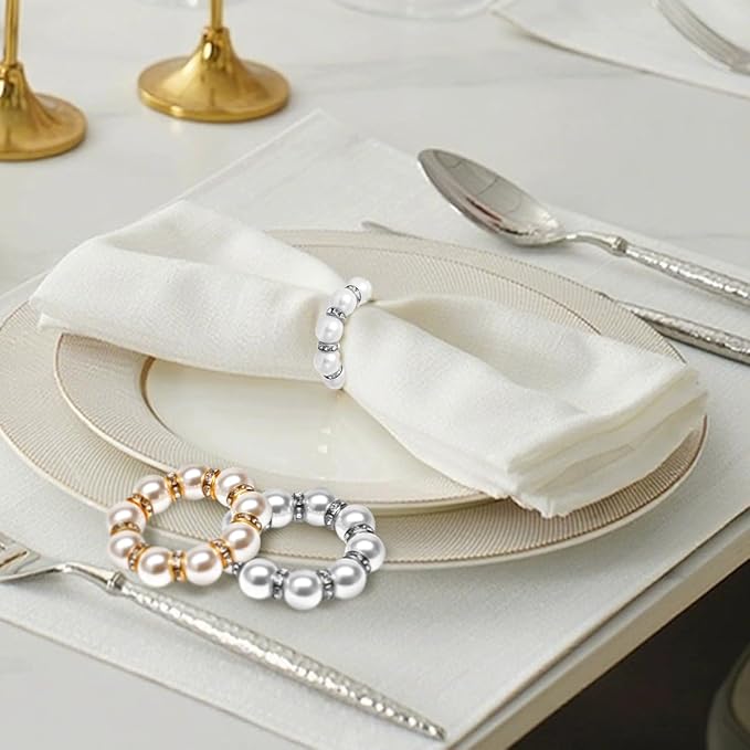 50Pcs Pearl Napkin Rings, Imitation Pearl Napkin Rings Holder, Disposable Beaded Serviette Napkin Buckles for Wedding Reception Party Banquet Dinner Table Decor (Pearl Gold+Silver, 50 Pcs)