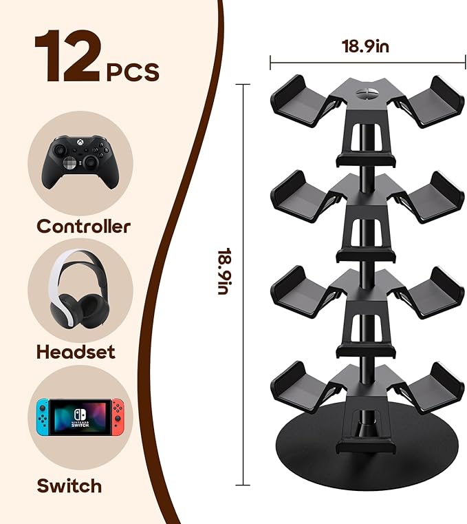 Nargos Universal Controller Holder for Xbox PS5 PlayStation 4 Switch Pro Gamepad, Rotating Headset Tree Stand Organizer, 4 Tier, Gamer Gifts