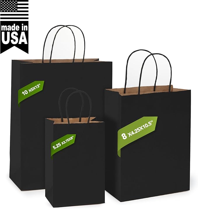 MESHA Gift Paper Bags 300 PACK 8x4.25x10.5'' Black Medium Shopping Kraft Bags Bulk with Handles Reusable for Business,Grocery,Birthday,Wedding,Kids Party,Favors