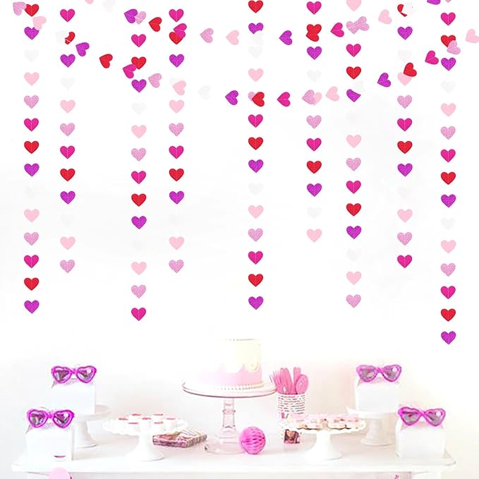 Purple Hot-Pink Red Party-Decoration Heart-Garland - 52ft Galentines Hanging Paper Streamers Banner, Proposal Anniversary Romantic Birthday Baby Shower Rustic Wedding Decor Hugfond
