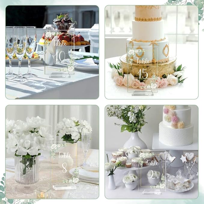 OurWarm White Rose Acrylic Wedding Table Numbers 1-20, 4x6 Inch Printed Calligraphy Table Number with Stands, Clear Numbers Signs and Holders, Perfect for Wedding Reception Anniversary Event