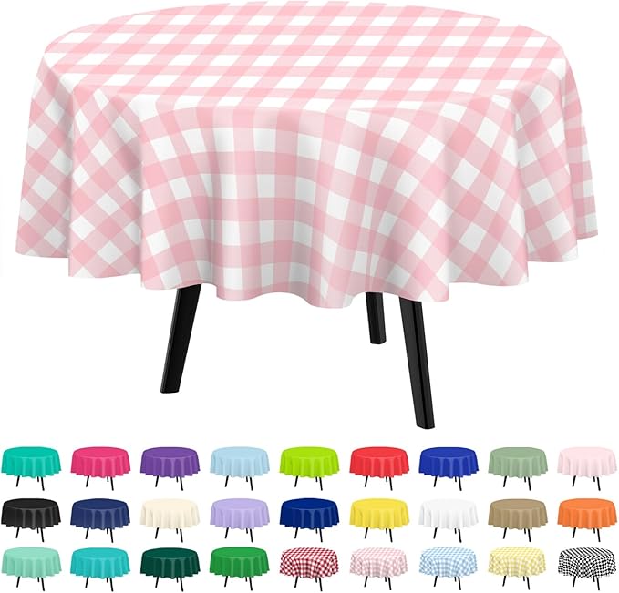 QIKSION Pink Gingham Round Tablecloth 2 Pack, 84 Inch Plastic Checkered Table Cover Disposable for Parties
