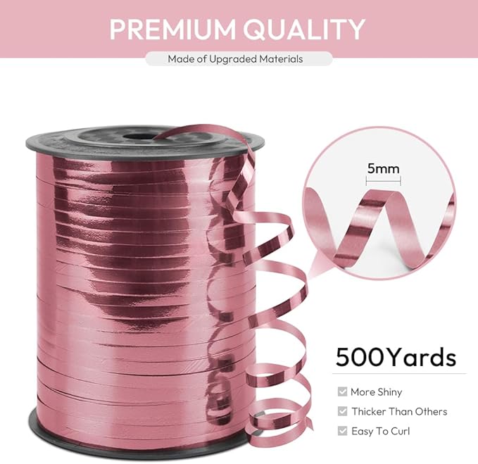 Pink Curling Ribbon, 1/5" Wide x 500 Yards Christmas Curling Ribbons for Gift Wrapping, Party Decoration, Balloon String, Hair, Ribbons for Florist Flower (1 Roll)