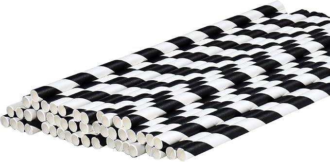 Black White Striped Biodegradable Paper Drinking Straws Unwrapped 7.75 inch 100 Counts - for Cocktail, Juice, Decoration, Crafts