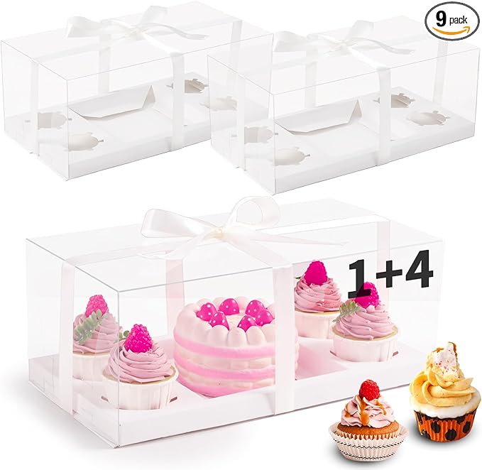 JCD 9 Pcs Clear Cupcake Boxes Combo,Cakes and Cupcakes Box 1+4 Bento Box Clear Bento Cakes Boxes Fit 4 Cupcake and 1 Mini Cake for Valentine Wedding Birthday(1+4/9Pcs)