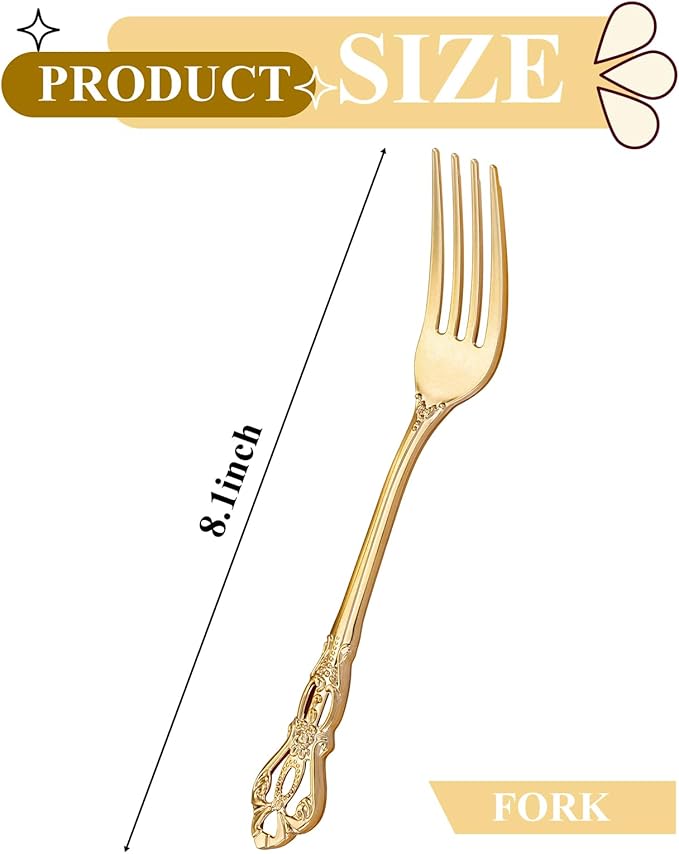75PCS Gold Plastic Forks - 8.1inch Gold Forks Disposable - Vintage Heavy Duty Dessert Forks - Premium Fancy Plastic Silverware for Parties, Weddings, Dinners and Events