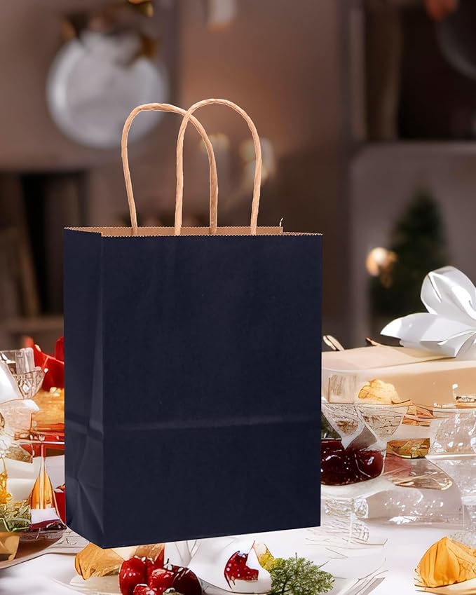 qiqee 100PCS Gift Bag with Handles Bulk Kraft Navy Blue Paper Bags Multiple Uses (13"x10.3"x4.6"- Large Size)