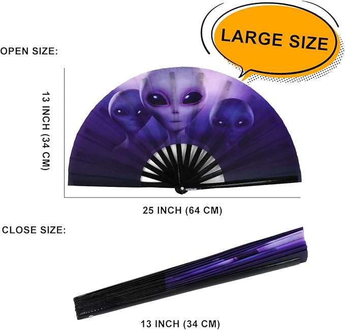 Amajiji Large Folding Hand Rave Fan Popping Fan for Line Dancing Clacking Fans for Boots On The Ground Dance,Party,Decoration,Festival (Three aliens)