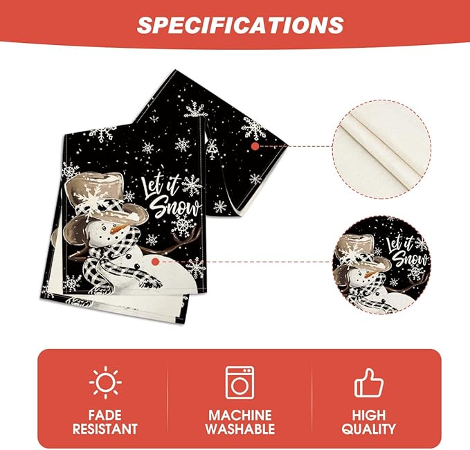 Artoid Mode Black Snowman Snowflake Let it Snow Winter Table Runner, Christmas Kitchen Dining Table Decoration for Home Party Decor 13x108 Inch