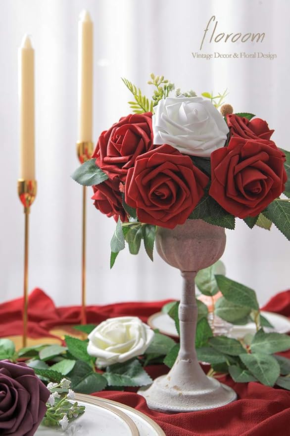 Floroom Artificial Flowers 25pcs Real Looking Dark Red Foam Fake Roses with Stems for DIY Wedding Bouquets Bridal Shower Centerpieces Party Decorations