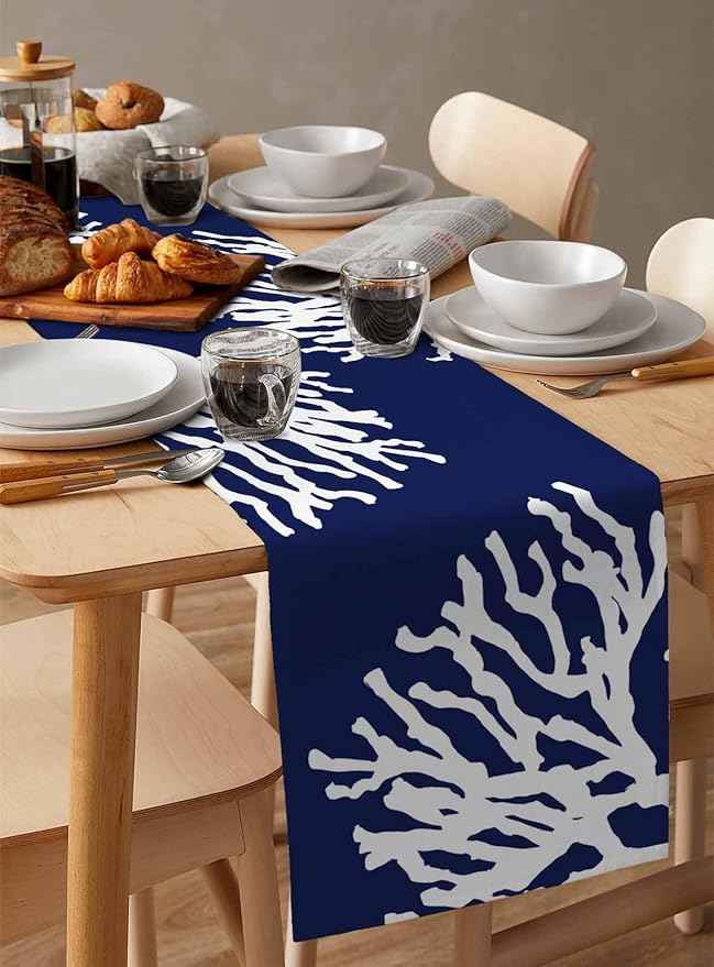 Coastal Coral Cotton Linen Table Runner for Dining Kitchen, Wedding Outdoor Party Tablerunners Decoration, Navy Blue Nautical Ocean Beach Dresser Scarf Coffee Tablecloth Runners 13x36 Inches