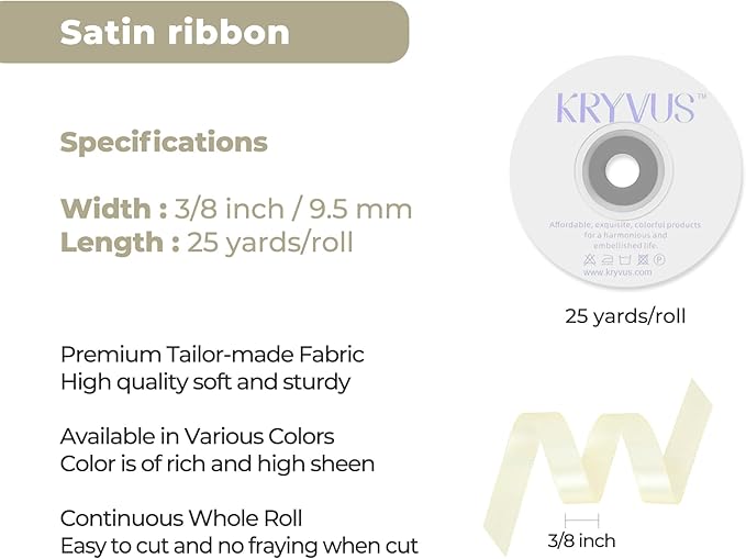 Beige Satin Ribbon 3/8 inch X Continuous 25 Yards, Single Face Polyester Ribbon Perfect for Gift Wrapping, Flower Bouquet, Wedding Decor, Crafts, Bow Making, Sewing and More