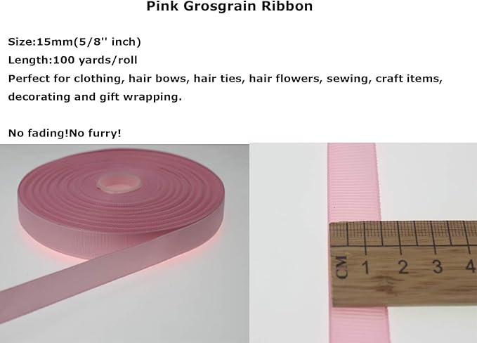 Jesep One Roll 100 Yards 5/8" Soild Grosgrain Ribbon Boutique Gift Wrapping Package Ribbon, DIY Crafts Bow Hair Headband Accessories Assorted Ribbon#123 (5/8" 15mm, Pink)