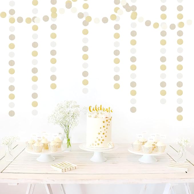Champagne Gold White Party-Decorations Streamers - 52Ft Hanging Birthday Paper Garland Banner,Christmas Wedding Baby Bridal Shower Bachelorette Engagement Graduation Supplies Backdrop Decor Hugtmr