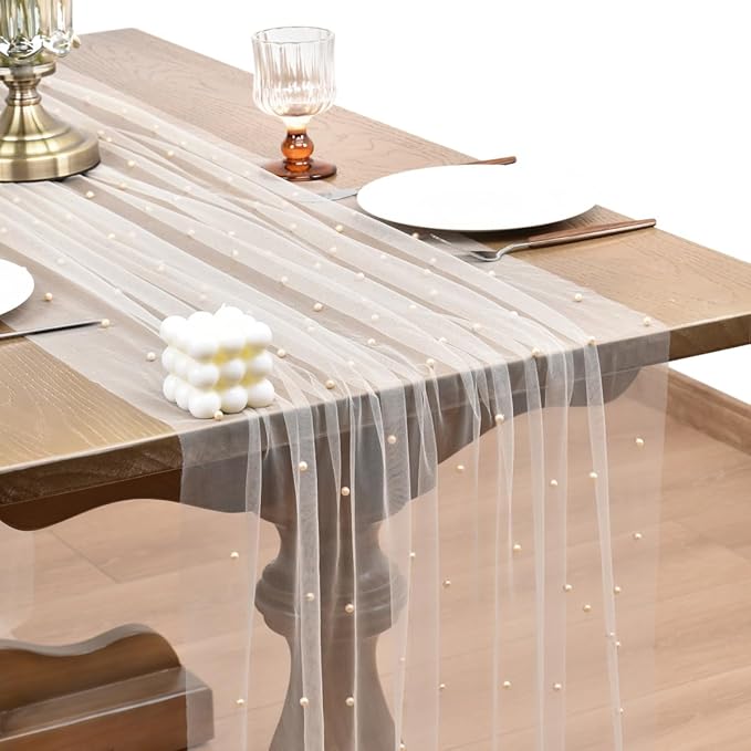 Joanlody Fall Pearl Table Runner 10ft Rustic Boho Tulle Table Runner with Pearls for Baby Shower Wedding Party Veil Dessert Thanksgiving Table Decor Champagne 4pcs