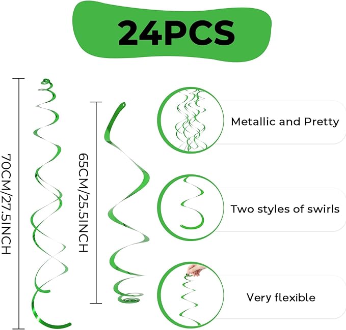 24 PCS Green Hanging Swirl, Sparkle Ceiling Hanging Decorations, Plastic Streamer Party Decorations with Double-Swirls and Single-Swirls for Birthday Decorations, Graduation, Baby Shower