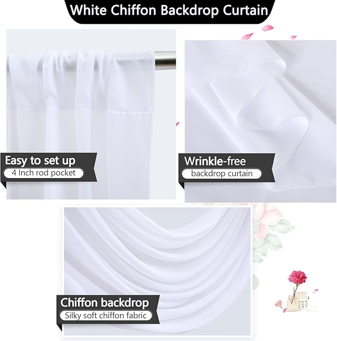 PARTISKY 10x7ft White Chiffon Backdrop Curtains (2 Panels 5x7ft Each) - Wrinkle-Free Sheer Fabric Photo Drapes for Wedding Ceremony Arch Birthday Baby Shower Photography Stage Decor